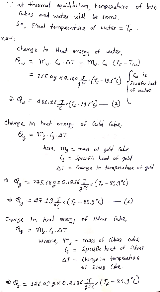 of both at thermal equilibrium temperature Cubes and water will be same, So, final temperature of water = If now, change in H