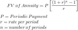 ((1+r) - 11 FV of Annuity =P P= Periodic Payment r = rate per period n = number of periods