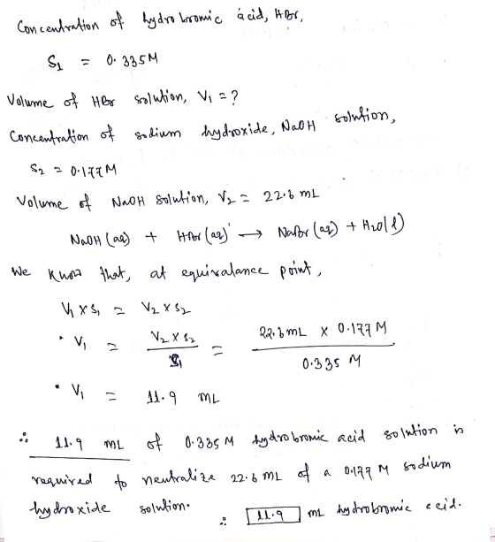 Concentration of hydro kromic acid, Hior, S 0. 335M Volume of HB solution, Vi=? solution, concentration of sodium hydroxide,