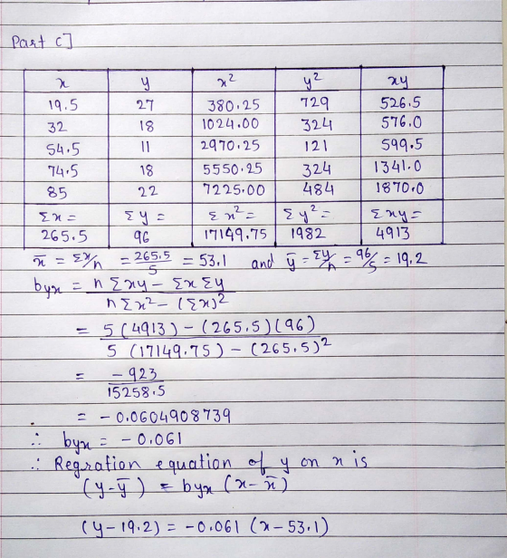 part c r x2 у? Y 27 18 11 19.5 32 54.5 7415 380.25 1024.00 ay 526.5 576.0 599.5 1 341.0 1870.0 729 324 121 324 484 2970.25 55