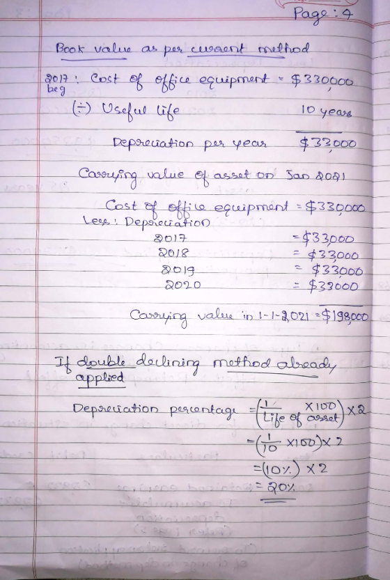 Page : 4 Book value as per cwaent method oaCost of office equipment - $330000 (-) Useful life are 10 years - Depreciation per