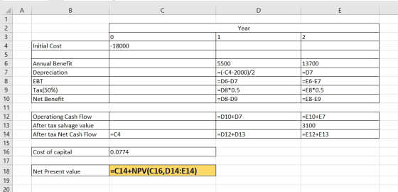 A В C D E 1 Year 2 Initial Cost -18000 Annual Benefit 5500 13700 = (-C4-2000)/2 Depreciation D7 - E6-E7 -D6 - D7 ЕВT Tax(50%)