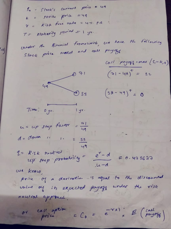 Curment rice Slocks = 49 strike price = 4. P.a Risk free rate T= Matority periad = 1 the föllowing have Bironial fromowork w