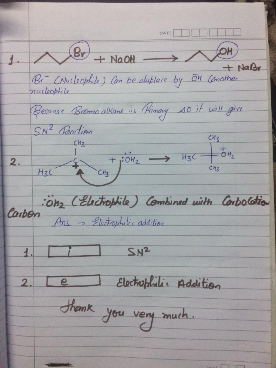 DATE Br 1 NaoH NaBr Br CNucleophile ) Cn be olisplace by o (anather 2nucleophile Himoy 40 it wil give Beause Biao.alkane is C