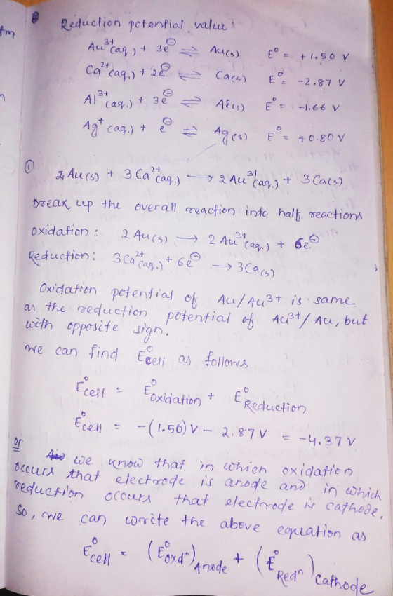 m Reduction potential value! Au² (aq) + 3e - Auc) car caq.) + 2e - Cacs) Apaq) + 38 = Alis) Agt caq.) + e ² Ag (8) = +1.50 v