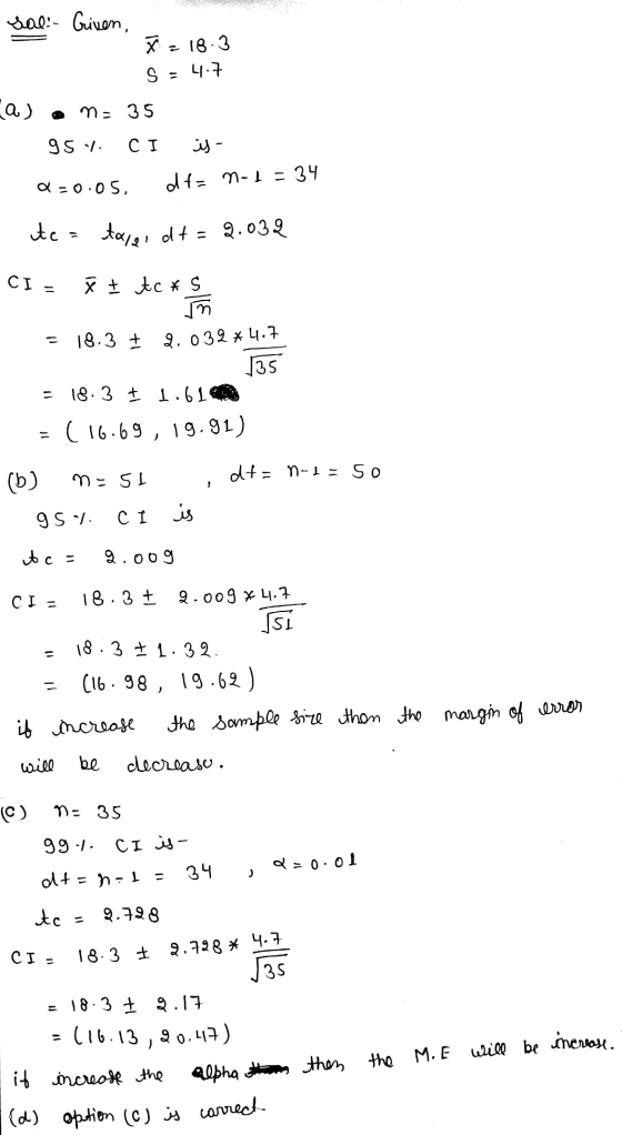 sal: Criven, ñ 18.3 S = 4.7 ره ma 35 95 y. СІ is- -0.05, {= m - 1 = 3 A c = taler dt = 2.032 CI = * 1 tc *S un 18.3 + 2.032*4