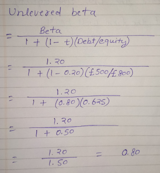 Unlevered beta Beta 7+ (1- t)(Debt le quity) 1.20 1 + (1 -0.20) (£500/£ 800) = 1 + 1.20 10.80)(0.675) 1.20 0.50 1 + 0.80 1.20