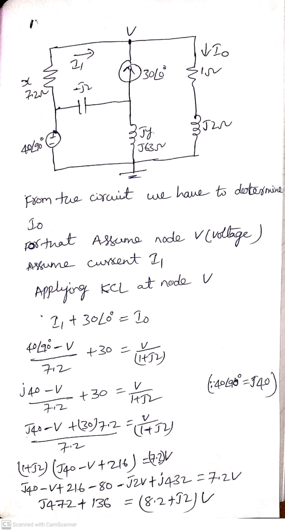 Vio 괴 و30 IN al +52 720 BJ Z Jy. J63N 40/90 from the circuit we have to determine مل V +30= For that Assume node v (vollage)
