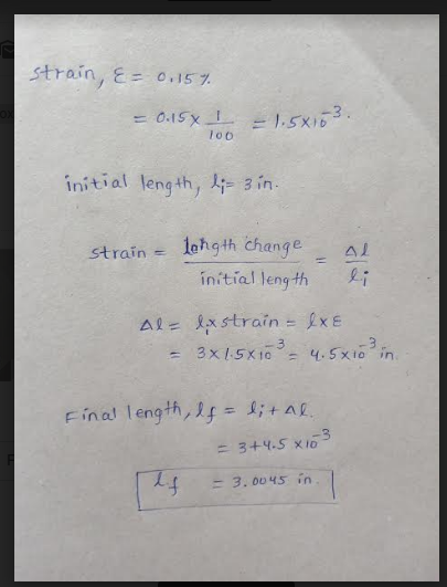 strain, E= 0.15% = 0.15X L = 1.5x163. Too initial length, h;= 3 in. strain = length change Al initial length li Al- lxstrain