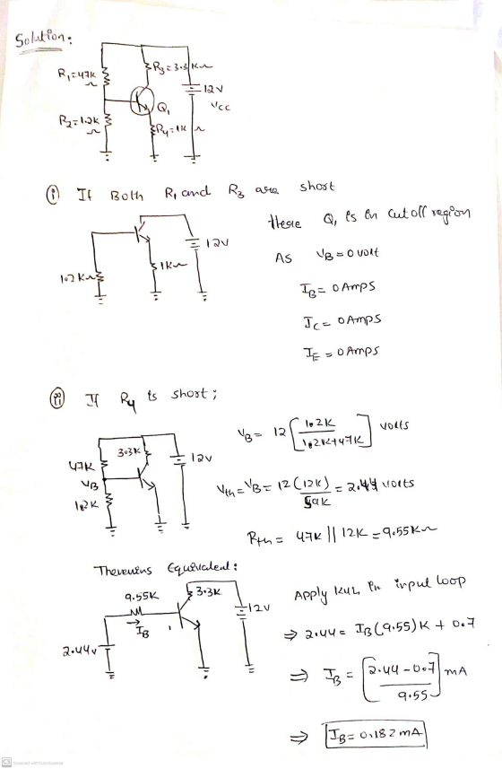 Solution. Ri47K {R₃ 13.3 Kv 12v Vcc Rilak Ryilka © It short Both R, and Rz are Here Q, es en cut oll region 12v AS VBE O vont