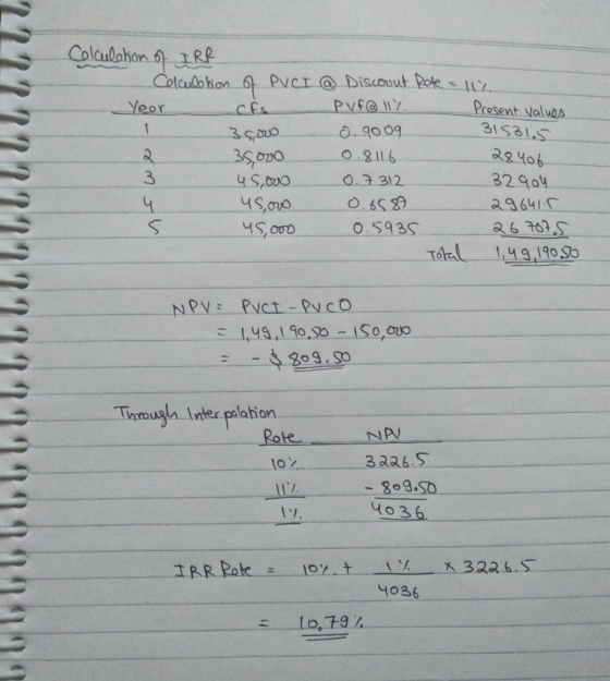 315315 Colculation of IRR Colcultion of PVCI @ Discount Role = 11 Yeor PvFQ 11%. Present values 35,000 0.9009 39000 0.8116 28