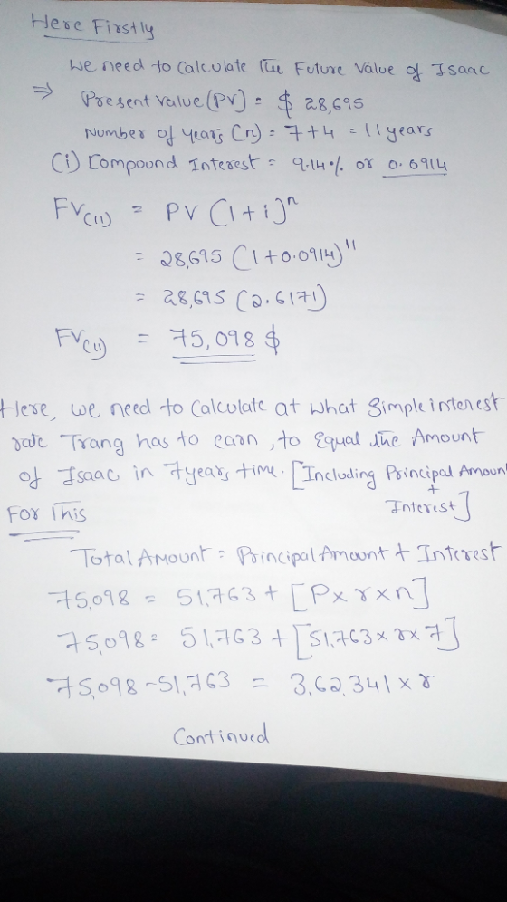 Here Firstly we need to calculate the Future Value of Isaac → Present value (Pv) - $ 28,695 Number of years (n) = 7+4 = 11 ye