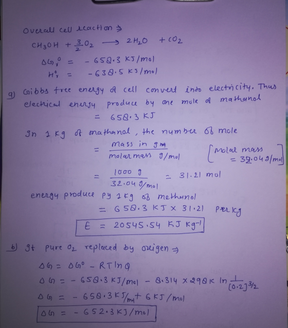Overall cell reaction & CH₃OH + 302 2H₂O + CO2 Logo = -658+3 kJ/mol Hr = -638.5kJ/mol La Gibbs free energy of cell convert in