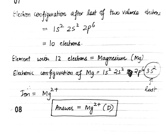 07 Elechen configuration after last of two valence electrons = 15² 25² 286 = lo electons. Element win 12 electrons = Magnesiu