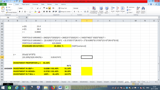 OPTIMAL RISKY PORTFOLIO VC AMORT SINKING JORDAN Microsoft Excel (Product Activation Failed) - File Home Insert Page Layout Fo