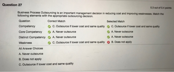 Question 27 0.3 out of 0.4 points Business Process Outsourcing is an important management decision in reducing cost and impro
