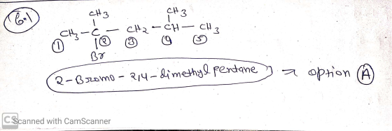 CH3 CH 3 - Ć - CH2 - CH - CH₂ ©s 1 3 0 6-Bromo-2,4-dimethyl pentane .a option A CScanned with CamScanner PRESTI ... SRSIONYED