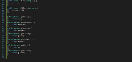 avoid Person::setHat(string val) { : hat = val; avoid Person::setGlasses (string val) { glasses = val; string Person::getName