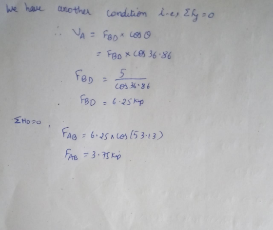 We have another condition i es Ely=0 VA = Foo coso = FBox (OS 36.86 FBD = 5 . FBD = 6.25 kup cos 36.86 Emozo FAB = 6: 25 x co