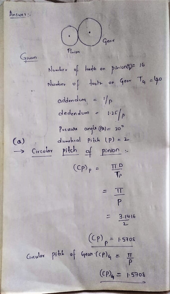 Answer: O Gear Pinion pinion()= 16 Grun Number of toorth on Number of tooth on Geor Tg = 40 addendum lp dedendum 12572 Presum