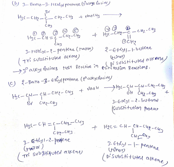 (5) 3- Brono - 3-rethylpentane (z alkyl havide) 1. Br. H₃c-chic che-CH₂ & Naochl3 ----- . C143 + H₂C-CH2-C-CH₂ - CH₂ H2i-CH=c