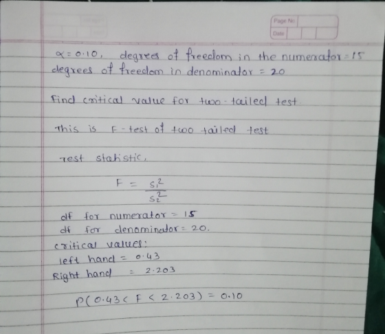 (Page No Date q=0.10, degrees of freedom in the numercefor=15 degrees of freedom in denominator = 20 find critical value for