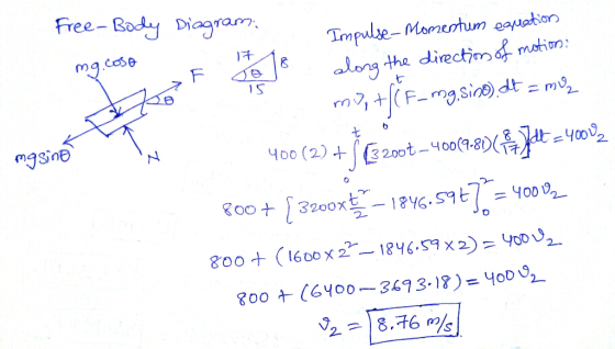 Free- Body Diagram Tmpulse-Momentum eauation COSe along the directim f motion +(F-mgsine)dt - m 2- mgsine N 4oo (2)+ 200t-400