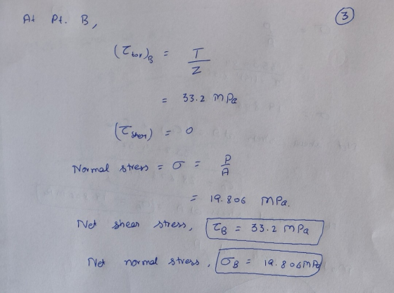 At Pt. B, ((borda = 33.2 MPa (Tsher) = 0 Normal stress or p - 19.806 MPa. Net shear stress, TB = 33.2 MPa) Net normal stress.