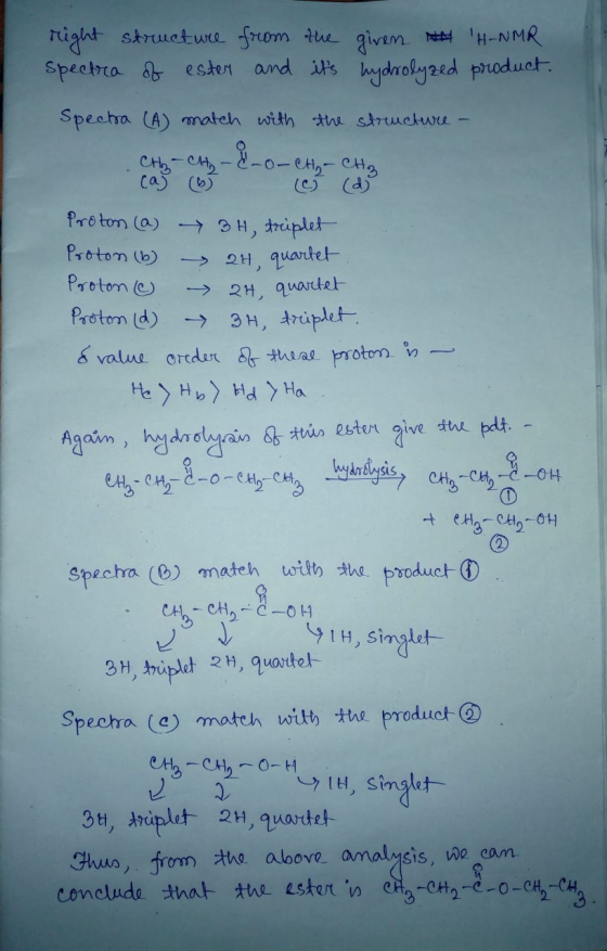 right structure from the given N H-NMR spectra of ester and its hydrolyzed product Spectra (A) match with the structure - C