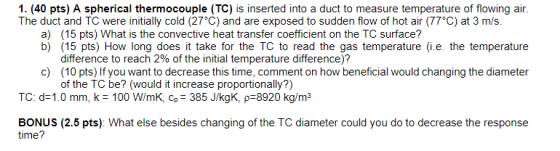 1. (40 pts) A spherical thermocouple (TC) is inserted into a duct to measure temperature of flowing air. The duct and TC were