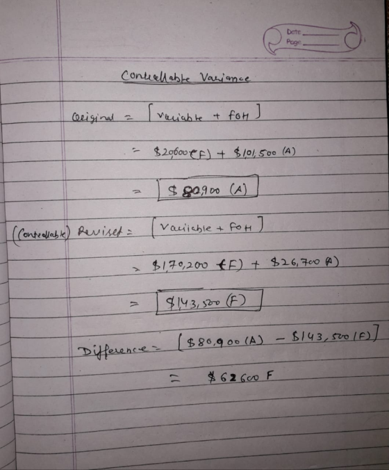 Date Page Conteellable Variance Geiginal a variable & fot ) - $20600 + $ 101,500 (A) $89,900 (A) Controllable) Revised (vanli