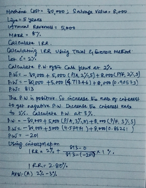 Machine Cost: 30000; Salvage value= 8,000 Life = 5 years Annual Revenues = 5,000 MARR = 8% Calculate IRR. Calculating IRR usi