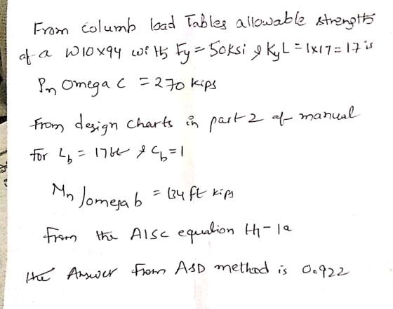 From columb load Tables allowable strength of a wioxqy with Ey= 50ksi & Ky L = 1x17 = 17 is In Omega c = 270 kips from design