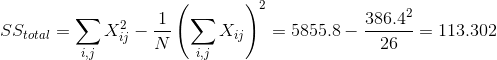 SS_{total} = \sum_{i,j} X_{ij}^2 - \frac{1}{N} \left(\sum_{i,j} X_{ij}\right)^2 = 5855.8 - \frac{ 386.4^2}{ 26} = 113.302