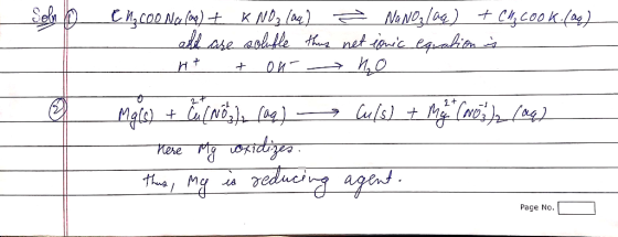 Soln by 9 en coo Nalog) + KNO3(aq) NANO3 laq) + Che cook.(99) and are soluble thus net ionic equation is - nt + on - no Marc)