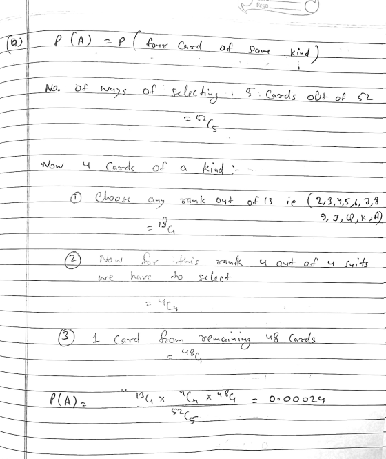 Page (0) P (A) IP four Card of Same kind) NO. of ways ए. iCards oot of of selecting =526 572 Now 니 Cards jo a kind a cloon an