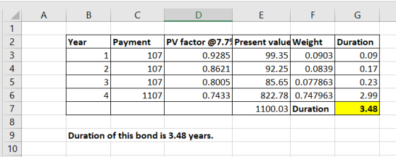 A В C Е G 1 PV factor @7.79 Present value Weight Year Payment 2 Duration 3 0.09 1 107 0.9285 99.35 0.0903 92.25 2 107 0.8621