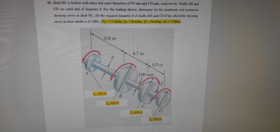 01. Shaft BC is hollow with inner and outer diameters of 90 mm and 120 mm, respectively. Shafts AB and CD are solid and of di