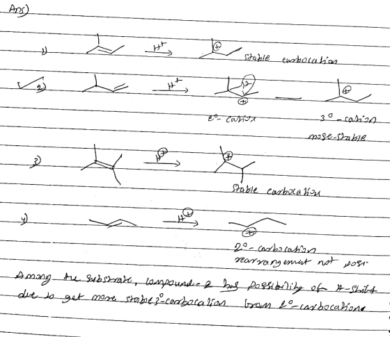 A) stable cusbocation لے ل ل هل - - Collar- صحطهععه - seose-shable Stable carbocahou --- - 2° carbocasion rearrangement not p