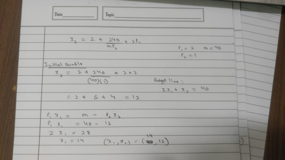 Date Topic mp₂ P, = 2 m = 40 Initial Bundle - x =2 t 240 - (40) (1) + 2x2 Budget line 22, + 2 = 40 = 2 + 6 + 4 =12 12 P, 2 X