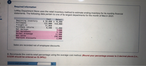 Required information LeMay Department Store uses the retail inventory method to estimate ending inventory for its monthly fin