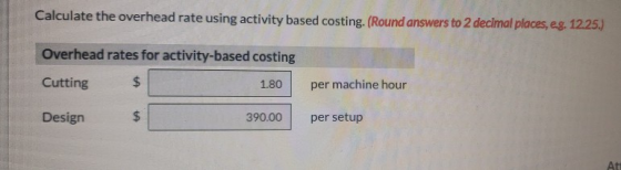 Calculate the overhead rate using activity based costing. (Round answers to 2 decimal places, eg. 12.25.) Overhead rates for