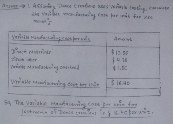 Answer --> 1. Assuming Dance Creations uses variable costing, calculate the variable manufacturing cost per unit for last mon