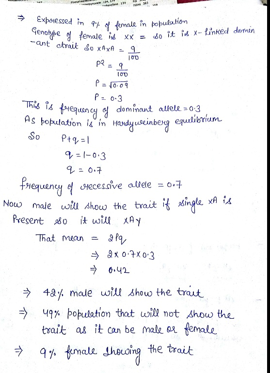 ラ Expsiessed in 9fe female in pa This equency 의 dominant allele-03 nheyo equulibrium = 1-03 Noo male wlushoo the trait.{メing