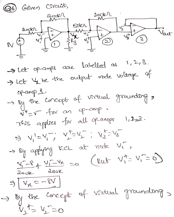 Q Griven circuit, 200h 20 M 놀놀 놀 core Let op amps are labelled as 1,2,3. » Let Yox be the output mode voltage of - op camp 1.