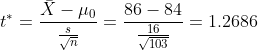 t^* = \frac{\bar X - \mu_0 }{\frac{s}{\sqrt{n}}} = \frac{86 - 84}{\frac{16}{\sqrt{103}}} = 1.2686