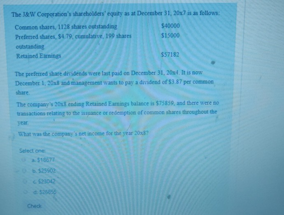 The J&W Corporations shareholders equity as at December 31, 20x7 is as follows: Common shares, 1128 shares outstanding $400
