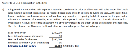 Answer to E5-31B (First question in the list): 1) It is given that monthly bad debt expense is recorded based on estimation o