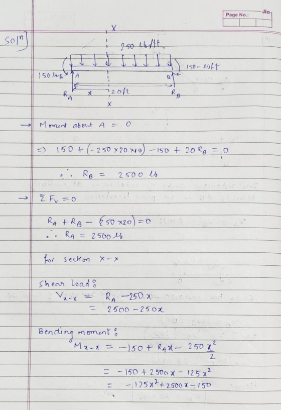 Jio Page No.: Х son Isolatt 150-euft 150 lbst А he 13 X 12 oft RB Х Moment about A = 150 + ( (-250 x20x10 -150 + 20 R = 0 .: