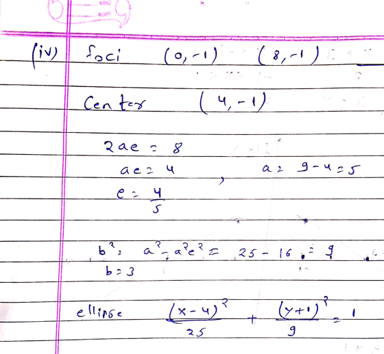 (iv) foci (-1) (8,00) Center (4,-1) zae 8 a ca u a> 9-чг e = 4 s b? a? a?e? ?e? I 2 25-16 ola b = 3 ellinge (x-4) lyt) + 25 9
